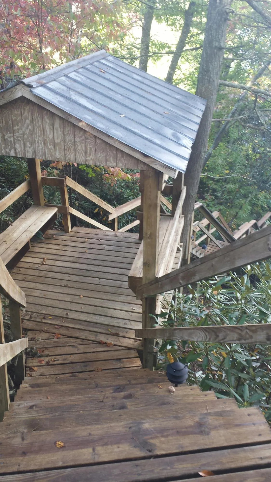 Metal roofed shelter over wooden steps on a wooded walkway — Skylight Repair & Installation work by our crew in Dowling